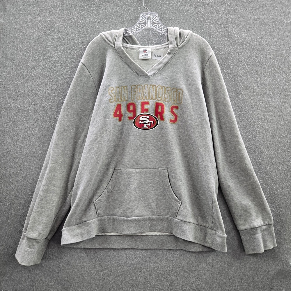 San Francisco 49ers Women Sweatshirt 2XL Gray Hoodie Logo Graphic Fleece V Neck